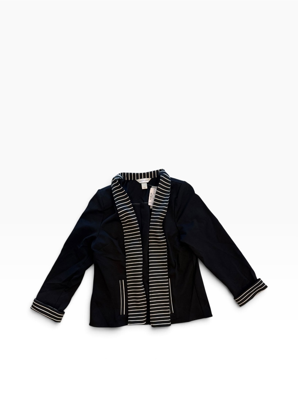 Christopher & Banks Ponte Knit Blazer Black White Striped Trim L NWT